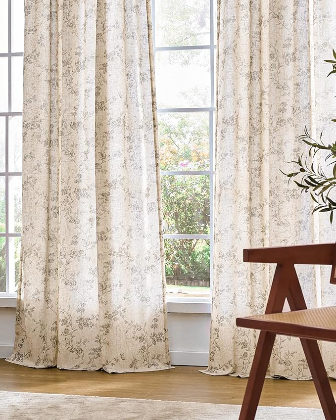 Lazzzy Grey Floral Linen Curtains 90 Inch Farmhouse Back Tab Drapes for Living Room Bedroom Light Filtering Vintage Grandmillennial Rod Pocket Curtains, 2 Panels, W38 x L90, Grey on Beige