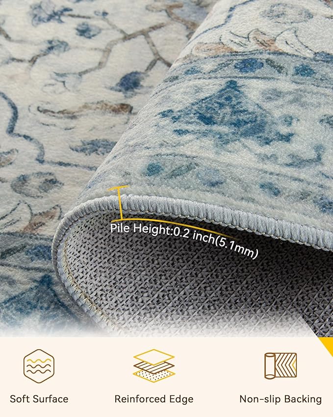 Area Rugs 3'x5' Washable Non-Slip, Floral Vintage Distress Print Pattern Medallion Carpet for Living Room Bedroom Dining Room, Light Blue Navy Beige Gray White