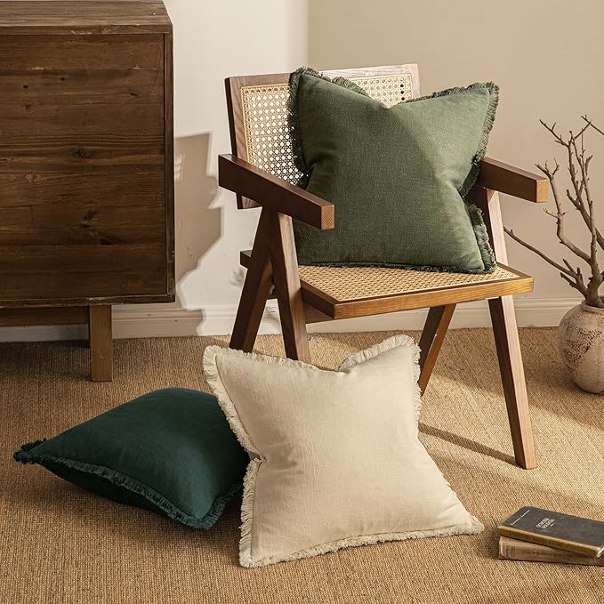 MIULEE Decorative Lumbar Throw Pillow Covers Neutral Linen Fringe Throw Pillows Set of 2 Olive Green Boho Farmhouse Cushion Covers for Couch Sofa Bed Living Room Spring Home Decor 12x20 Inch