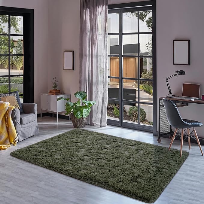 Goideal Fluffy Rug for Bedroom Living Room, 7x10 Olive Green Area Rugs, Faux Fur Shag Modern Carpet Ultra Soft Girls Boys Room Home Decor, Solid