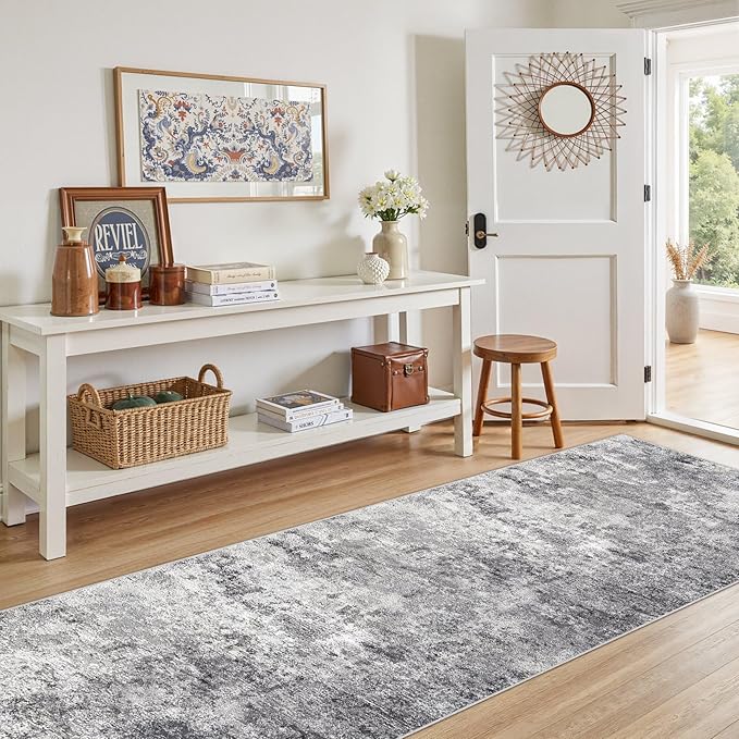 UERMEI 3X8 Washable Runner Rug for Hallway: Soft Neutral Modern Abstract Area Rug - Non-Slip Low Pile Long Throw Indoor Carpet for Kitchen Entryway Kitchen Bedroom Laundry Bathroom - Grey