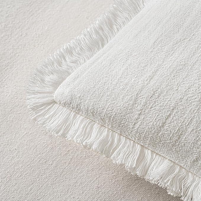 MIULEE Decorative Throw Pillow Covers Neutral Linen Fringe Throw Pillows Set of 2 White Boho Farmhouse Cushion Covers with Tassels for Couch Sofa Bed Living Room Spring Home Decor 20x20 Inch