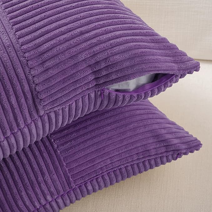 Fancy Homi Set of 2, Purple Patchwork Corduroy Decorative Soft Striped Modern Accent Cushion Case Farmhouse Boho Neutral Throw Pillow Covers for Chair Couch Bed Sofa Living Room 32x16 Inch