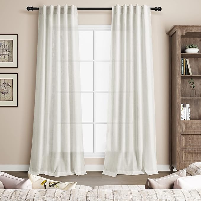 38 inch Wide Cream Linen Curtains for Living Room 2 Panels Back Tab Rod Pocket Narrow Window Curtain 84 inches Long Boho Farmhouse Decor Birch Ivory Light Filtering Semi Sheer Curtains 38x84