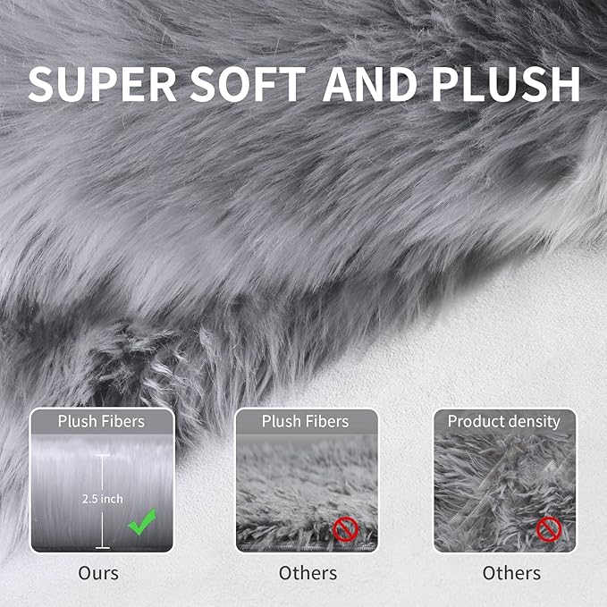 Small Faux Fur Rug, 2x4 ft Ultra Soft Sheepskin Rugs Chair Sofa Cover Seat Pad, Grey Fluffy Shag Rug for Bedroom Nursery Kids Room, Gray Shaggy Rug Fuzzy Plush Floor Carpets, Cute Dorm Home Decor
