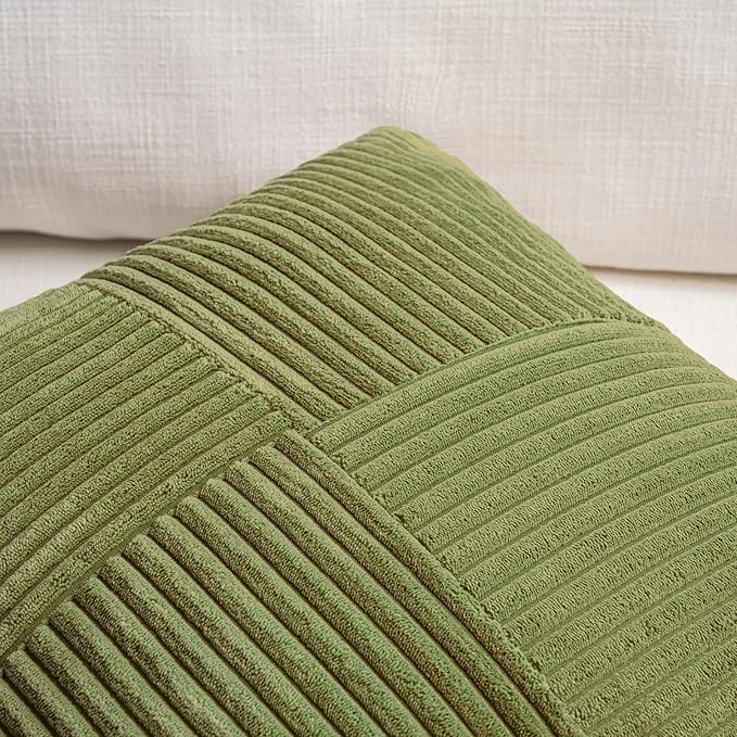 Fancy Homi 2 Packs Moss Green Decorative Throw Pillow Covers 20x20 Inch for Living Room Couch Bed Sofa, Farmhouse Boho Home Decor, Soft Corss Corduroy Patchwork Accent Square Cushion Case 50x50 cm