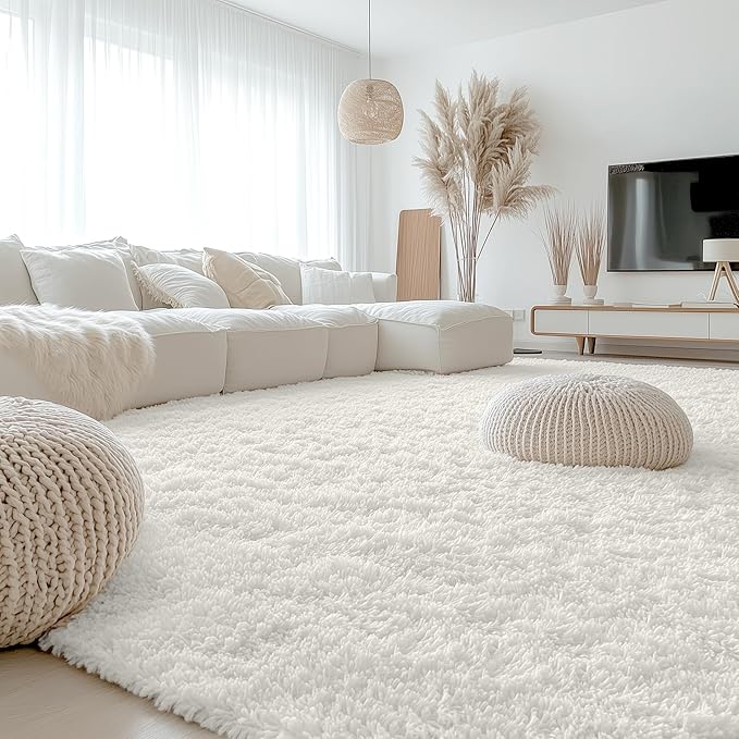 OLANLY 8x12 Machine Washable Large Area Rugs for Living Room, Bedroom, Soft Fluffy Shaggy Bedside Rug, Indoor Floor Carpet for Kids Girls and Boys, Dorms, Nursery, Home Decor Aesthetic, Ivory
