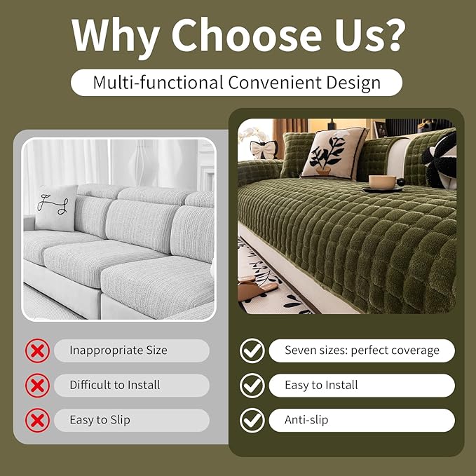 Velvet Couch Cover, Washable Sectional Sofa Cover, Anti Slip Sofa Slipcover for 3 Cushion Couch Sofa L Shaped Armrest Backrest, Furniture Protector Covers for Pets Kids(1PC,Green,36"×63")