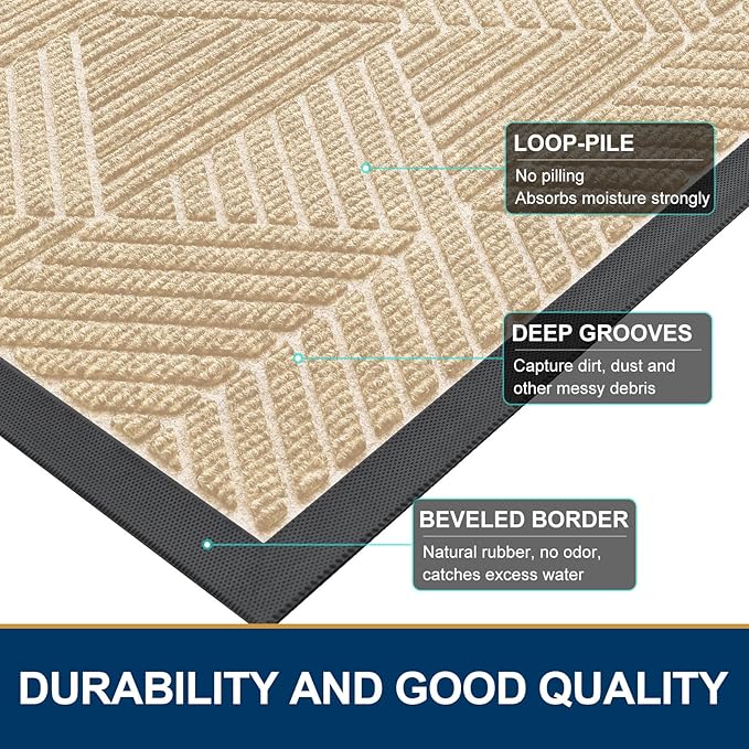 Smiry Half Circle Front Door Mat Outside Entrance, Heavy Duty Sturdy Natural Rubber Doormat, Trap Dirt and Moisture, Low Profile Mats for Indoor Outdoor Entry, Irregular Triangle (35x23, Beige)