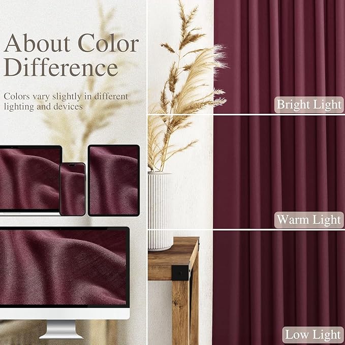 Nanspring Burgundy Linen Curtains 132 Inch Length for Living Room Light Filtering Semi Sheer Curtain Back Tab Vintage Boho Decor Drapes Floor to Ceiling High Window for Bedroom 52x132, 2 Panels