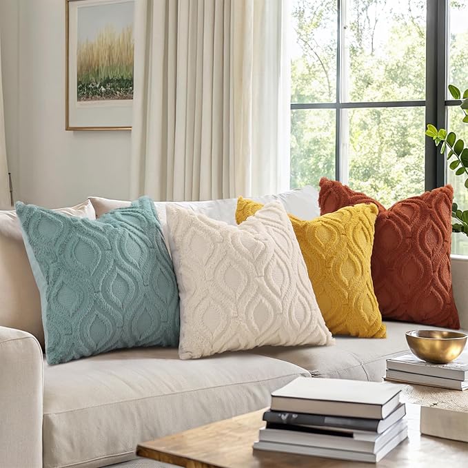 decorUhome Summer Throw Pillow Covers 18x18 Inch Set of 2, Soft Plush Faux Wool Mustard Yellow Solid Couch Pillow Covers, Accent Farmhouse Neutral Square Pillow Cases for Sofa Bed Living Room