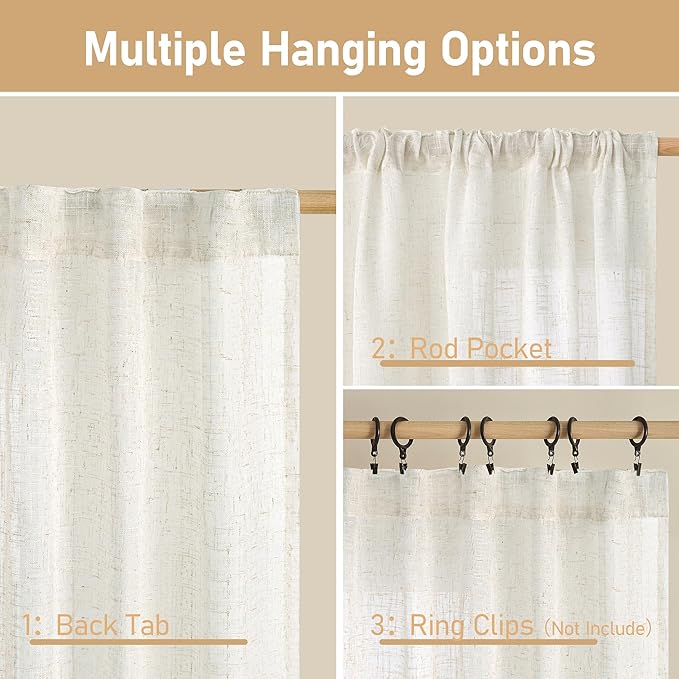 LAMIT 60 Inch Length Window Linen Curtains, Light Filtering Panels Back Tab and Rod Pocket Neutral Drapes for Bedroom/Living Room, Cream, 2 Panels, 34 x 60 Inch