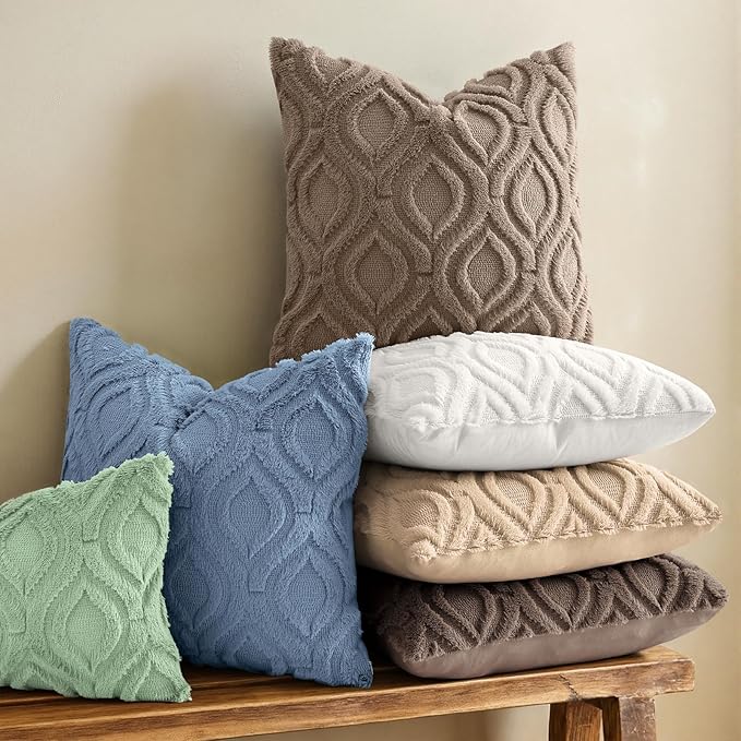 decorUhome Throw Pillow Covers 16x16 Inch Set of 2, Soft Plush Faux Wool Light Brown Solid Couch Pillow Covers, Accent Farmhouse Neutral Square Pillow Cases for Sofa Bed Living Room