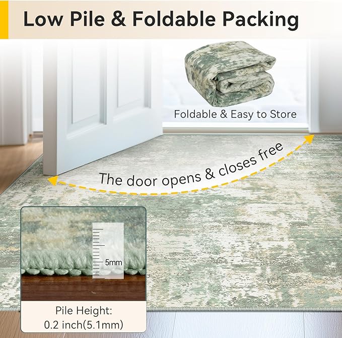 Washable Area Rugs 7'x9' Non-Slip Modern Abstract Soft for Living Room Entryway Bedroom Nursery, Print Pattern, Light Green/Yellow
