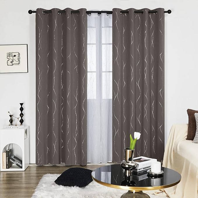 Deconovo Blackout Curtains, Thermal Insulaed Soundproof Drapes, Wave Dots Silver Print, 52 x 108 Inch Long, Set of 2, Machine Washable Window Panel for Sliding Door Bedroom Living Room Nursery, Taupe