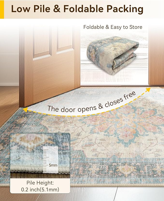 RELEANY Area Rugs 3'x5' Washable Non-Slip, Floral Vintage Distress Print Pattern Medallion Carpet for Living Room Bedroom Dining Room, Blue Orange Red