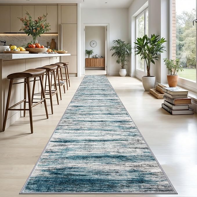 KOZYFLY Modern Abstract Hallway Runner Rug, 2.6x20 Washable Rug Runner Non-Slip Soft Striped Stair Runner Rugs, Print Blue Carpet Runner for Kitchen Entryway Bathroom Laundry Room Foyer