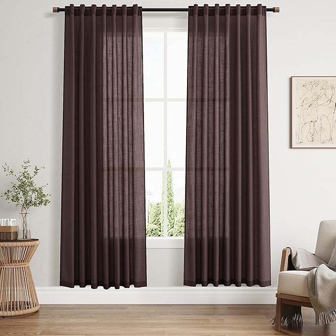 Coffee Brown Curtains 72 inch Length for Living Room/Study Room Back Tab Rod Pocket Linen Semi Sheer Modern Farmhouse Curtain Coastal Decor Cotton Textured Gauze for Dining Room Office 2 Panels