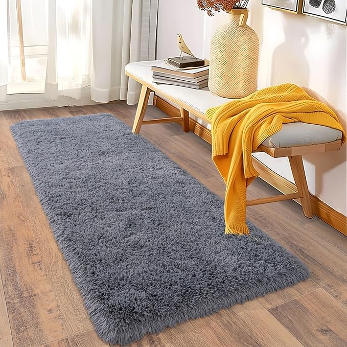 Ultra Soft Runner Rugs for Bedroom Hallways with Upgraded Non-Slip Rubber Backing & Thick Memory Sponge, 2x8 Feet Fluffy Shag Throw Area Rug for Bedside Dorm Dark Grey