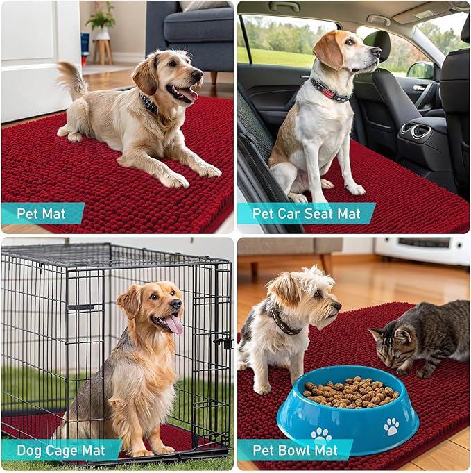 OLANLY Dog Door Mat for Muddy Paws 50x30, Absorbs Moisture and Dirt, Absorbent Non-Slip Washable Doormat, Quick Dry Chenille Mud Mat for Dogs, Entry Indoor Entryway Carpet for Inside Floor, Red