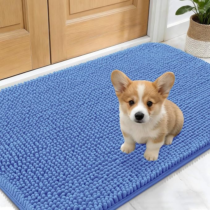 OLANLY Dog Door Mat for Muddy Paws 30x17, Absorbs Moisture and Dirt, Absorbent Non-Slip Washable Doormat, Quick Dry Chenille Mud Mat, Entry Indoor Entryway Carpet for Inside Floor, Cornflower Blue