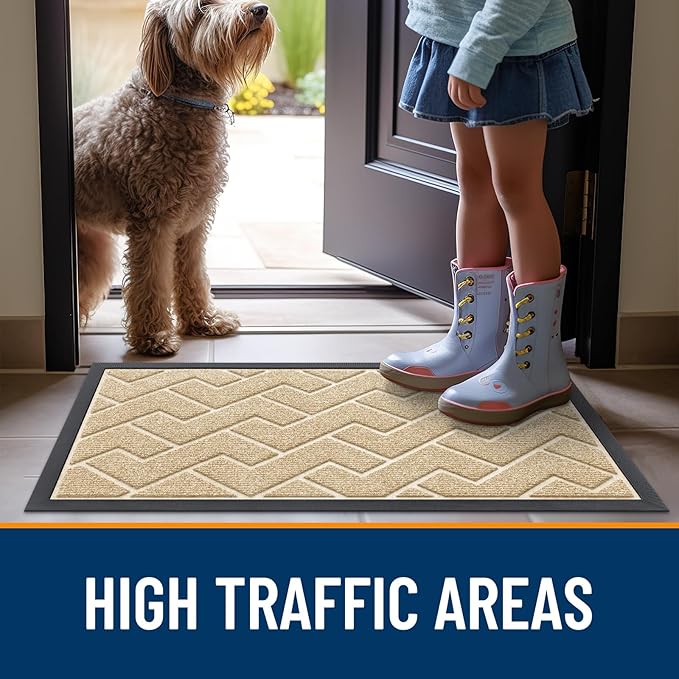 OLANLY Front Door Mat Indoor Outdoor Entrance, Waterproof All-Season, All-Weather Doormat, Sturdy Natural Rubber, Low Profile, Easy Clean Patio Porch Entryway Mat, Herringbone Brick (Beige, 59x35)