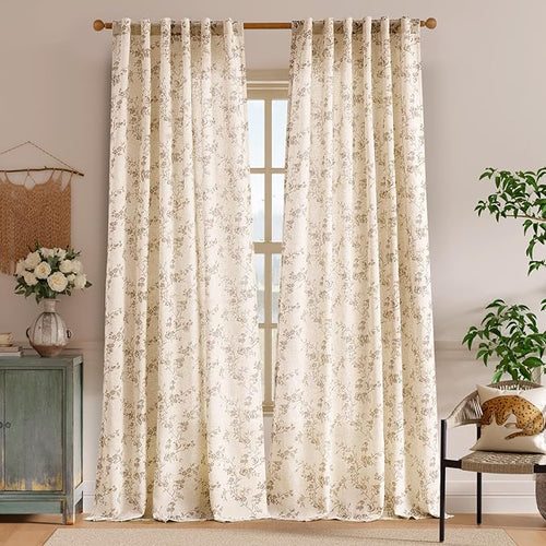 "Lazzzy Farmhouse Polyester blended Curtains Taupe Floral Curtains 96 Inch Length Back Tab Drapes for Living Room Bedroom Light Filtering Country Vintage Rod Pocket Curtain, 2 Panels, Taupe on Beige