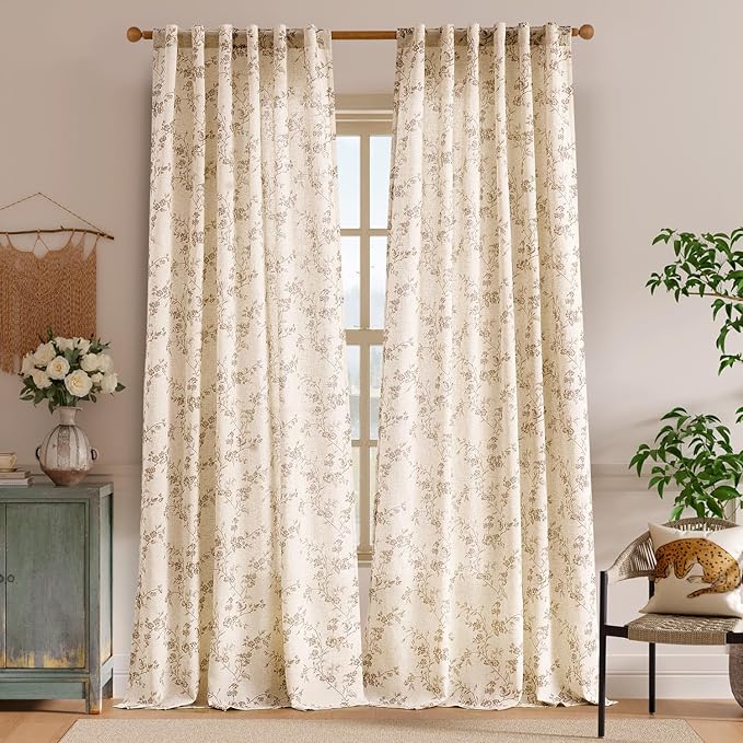 Lazzzy Farmhouse Linen Curtains Extra Long Taupe Floral Curtains 108 Inch Length Back Tab Drapes for Living Room Bedroom Light Filtering Country Vintage Rod Pocket, 2 Panels, Taupe on Beige
