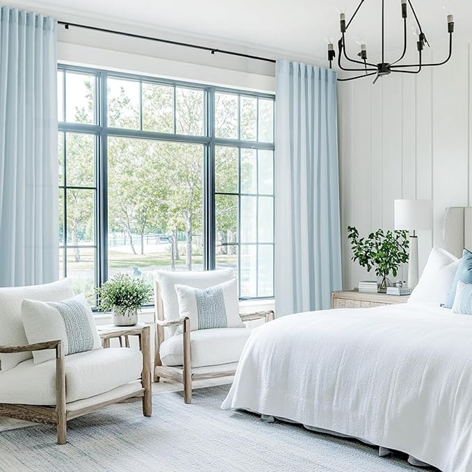 Sky Blue Curtains 90 inch Length for Bedroom Back Tab Light Filtering Semi Sheer Blue Living Room Curtains Linen Cotton Textured Drapery Panel Aesthetic Decor Light Blue 52x90
