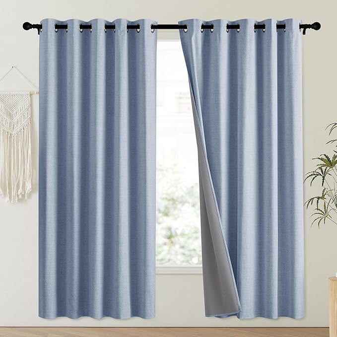 NICETOWN Stone Blue Vintage Linen 100% Blackout Curtains for Playroom, Thermal Insulated Curtains 72" Long, Noise Reducing Window Treatment Drapes for Laundry Room, 62" Wide Per Panel, Set of 2