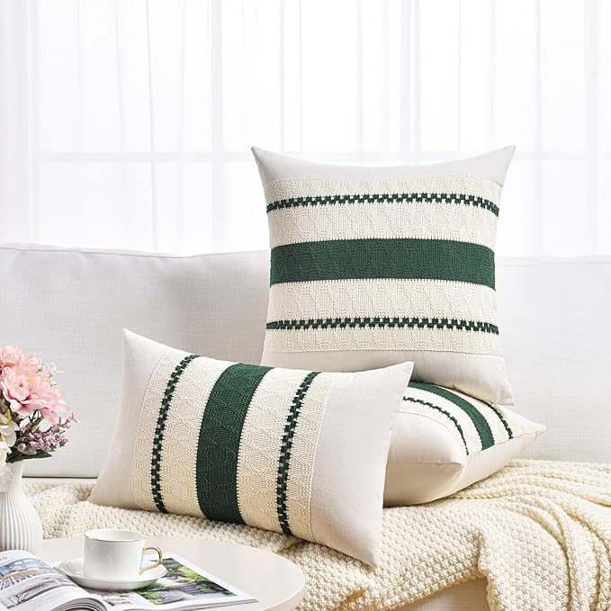 Fancy Homi Set of 1 Dark Green Boho Decorative Throw Pillow Covers 20x20 Inch for Couch Bed Sofa Bedroom Indoors, Modern Farmhouse Vintage Forest Green Living Room Decor