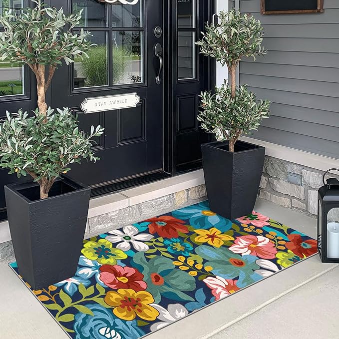 Front Door Mat Indoor Entrance - 2x4.3 Ft Floral Washable Layered Doormat Outdoor Entrance Porch Rug Non-Slip Spring Colorful Flower Runner Rug for Kitchen Bedroom Laundry Room Porch Decor