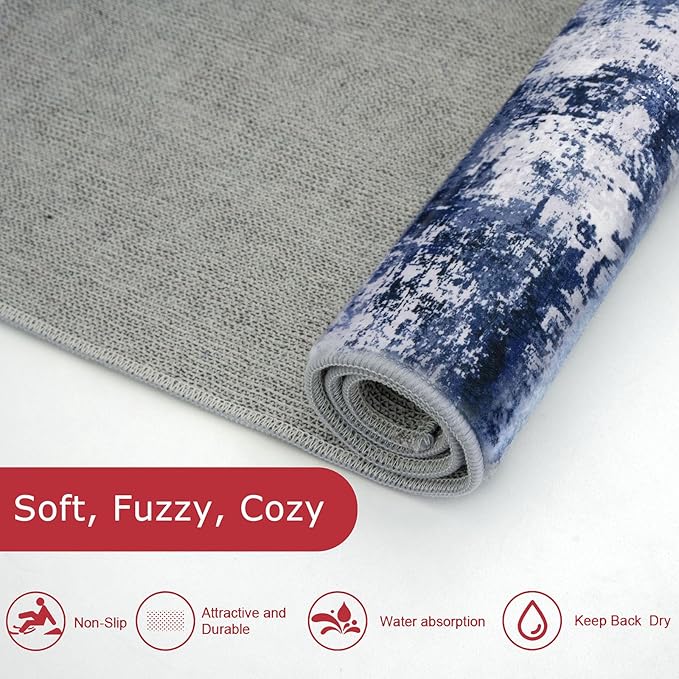 KOZYFLY Modern Abstract Area Rugs 8x10 Navy Blue Machine Washable Thin Rug for Bedroom Non-Slip Living Room Rug, Faux Wool Soft Low Pile Office Carpet for Dining Room, Bedroom, Kitchen Bathroom