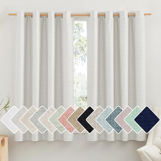 NICETOWN 100% Absolutely Blackout Linen Curtains with Thermal Insulated White Liner, Ivory, 52" W x 45" L, Set of 2, Burlap Textured Textured Linen Look Privacy Window Treatment for Kitchen