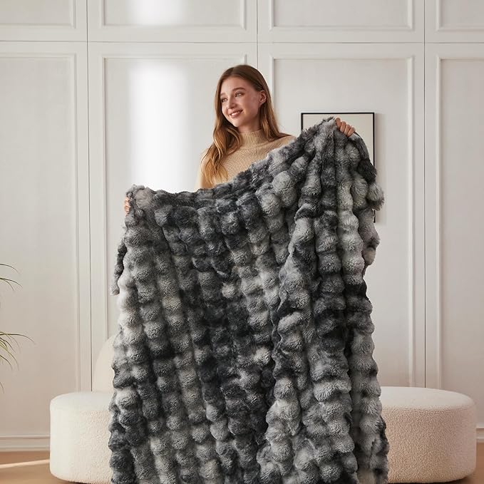 COOVA Faux Fur Throw Blanket for Couch, Cozy Soft and Fuzzy Plush Rabbit Fur Bubble Blanket for Sofa Bedroom Living Room, 50x60 Inches Tie Dye Light Grey