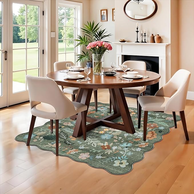 Floral Square Area Rug for Family: Washable 5x5 Scalloped Carpet for Living Room Bedroom Soft Water Resistant Floor Mat with Non Slip Backing for Kitchen Nursery Farmhouse Home Decor(5x5,Floral/Green)