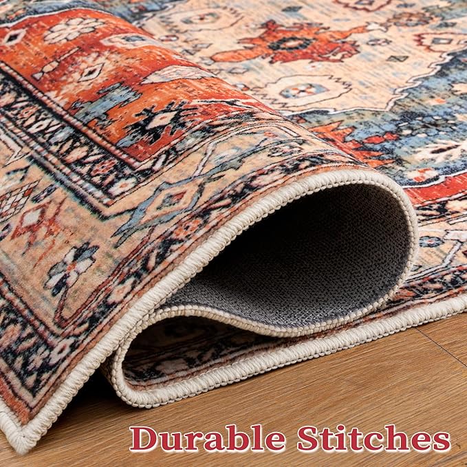 SERISSA Boho Tribal 8x10 Area Rugs, Washable Vintage Large Living Room Rug Non-Slip, Ultra Soft Oriental Print Distressed Farmhouse Carpet for Dining Room Bedroom Dorm Office Home Decor
