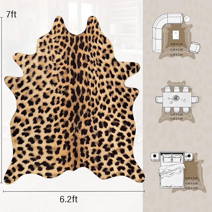 AROGAN Premium Leopard Print Rug 6.2x7 Feet, Machine Washable Faux Fur Cheetah Rug, Non-Slip Animal Print Hide Leopard Skin Area Rug for Bedroom Living Room Home Decor