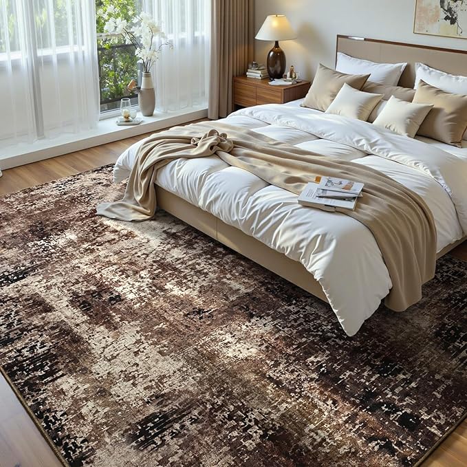 Ompaa Living Room Rug 6x9 Brown Area Rug Machine Washable Boho Coffee Rug Non Slip Abstract Vintage Indoor Large Rugs for Bedroom, Classroom, College Dorm, Farmhouse, Dining Room, Kids Playroom