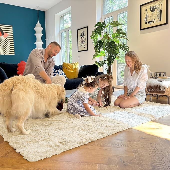 OLANLY Area Rugs for Living Room Bedroom, Machine Washable 4x5.9 ft Soft Fluffy Shaggy Bedside Rug, Indoor Floor Carpet for Kids Girls and Boys, Dorms, Nursery Rooms, Home Decor Aesthetic, Cream