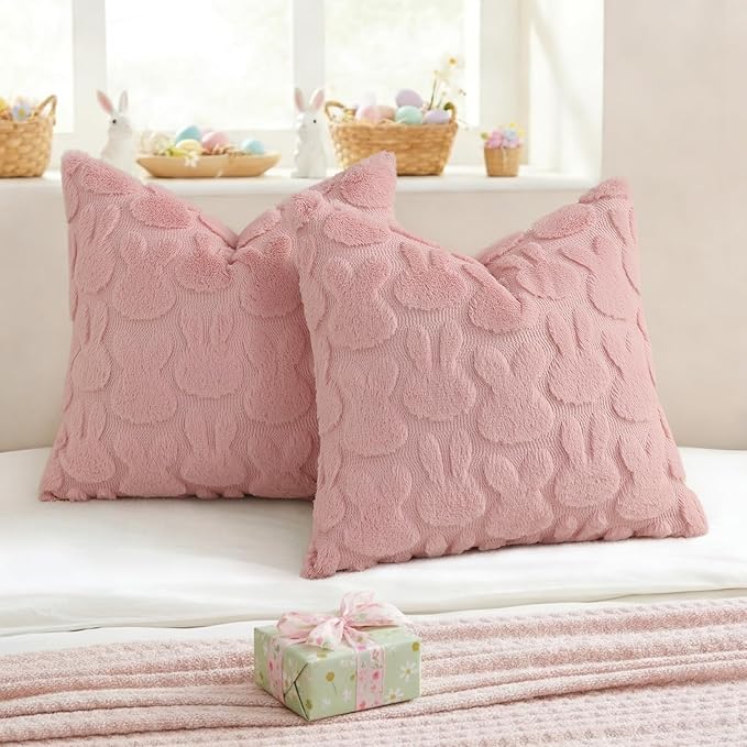 decorUhome Easter Bunny Pillow Covers 20x20 Inch Set of 2, Soft Plush Faux Wool Jacquard Pink Rabbit Cushion Covers, Farmhouse Neutral Spring Easter Holiday Decor for Couch Sofa Bed