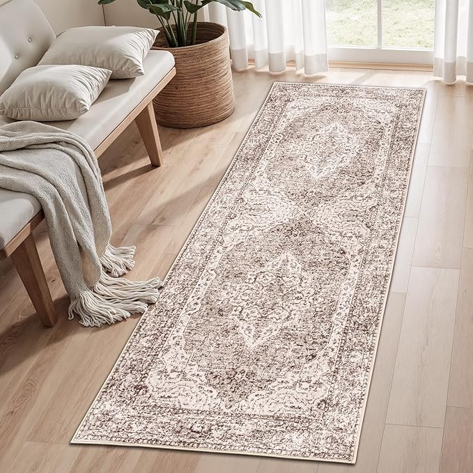Lofus 2x6 Runner Rug for Hallways, Washable Kitchen Rugs, Non-Slip Rugs for Entryway and Bedroom, Vintage Boho Carpet, Soft Low Pile Long Runner Area Rug, Vintage Beige Brown