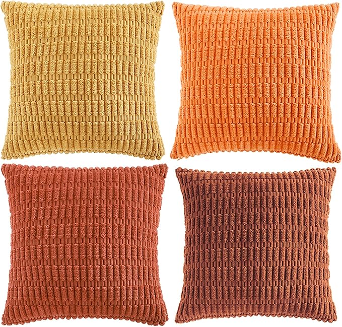 Fancy Homi Set of 4 Burnt Orange Fall Decorative Throw Pillow Covers 18x18 Inch for Couch Bed Chair, Modern Farmhouse Boho Room Decor, Soft Fuzzy Corduroy Textured Striped Cushion Case 45cm
