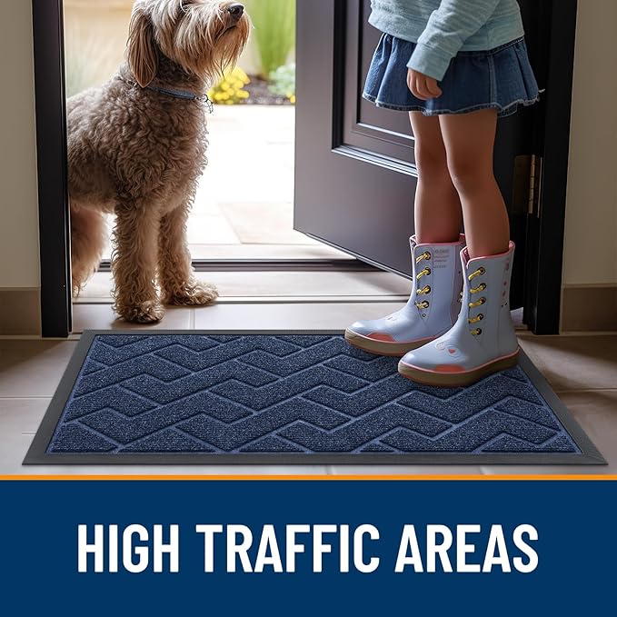 OLANLY Front Door Mat Indoor Outdoor Entrance, Waterproof All-Season, All-Weather Doormat, Sturdy Natural Rubber, Low Profile, Easy Clean Patio Porch Entryway Mat, Herringbone Brick (Blue, 47x17)
