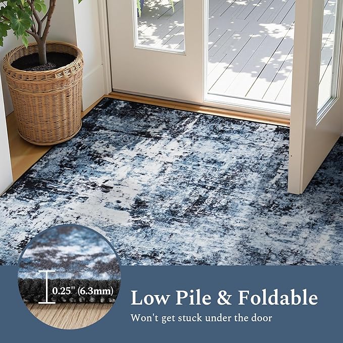 Rugflix 10x14 Area Rugs for Living Room, Washable Large Rug Stain-Resistant Low Pile, Modern Dark Carpet for Dining Room Home Office Kid Room Nursery Bedroom, Navy Blue/Black