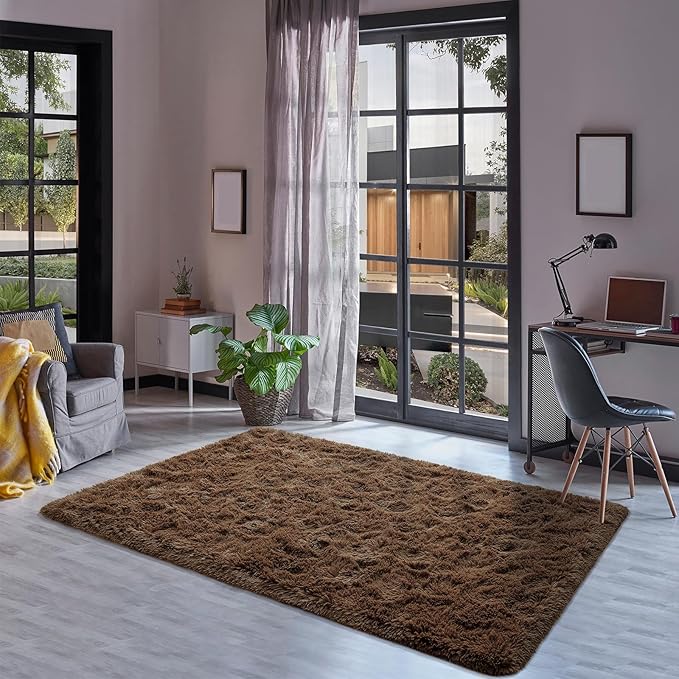 Goideal Fluffy Rug for Bedroom Living Room, 4x6 Brown Area Rugs, Faux Fur Shag Modern Carpet Ultra Soft Girls Boys Room Home Decor, Solid