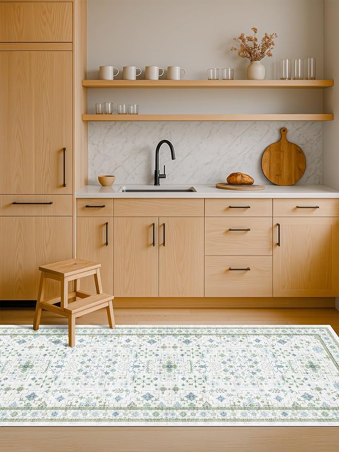 Hazo Haus Washable Oushak 2x6 Bathroom Runner Rug, Eclectic Boho Floral Pastel, Non Slip Low Pile Stain Resistant Small Throw Rug for Bedroom, Laundry Room, Powder Room, Cream Green