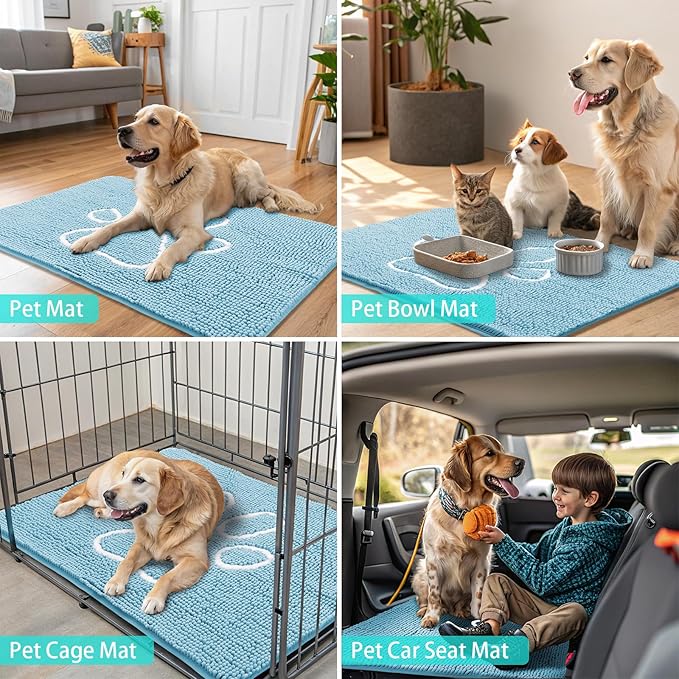 Smiry Dog Door Mat for Muddy Paws, Absorbent Dirt Trapper Non Slip Quick Dry Washable Chenille Mat for Mud Dogs, Entry Rug for Indoor and Outdoor (40x32 Inches, Sky Blue and White)