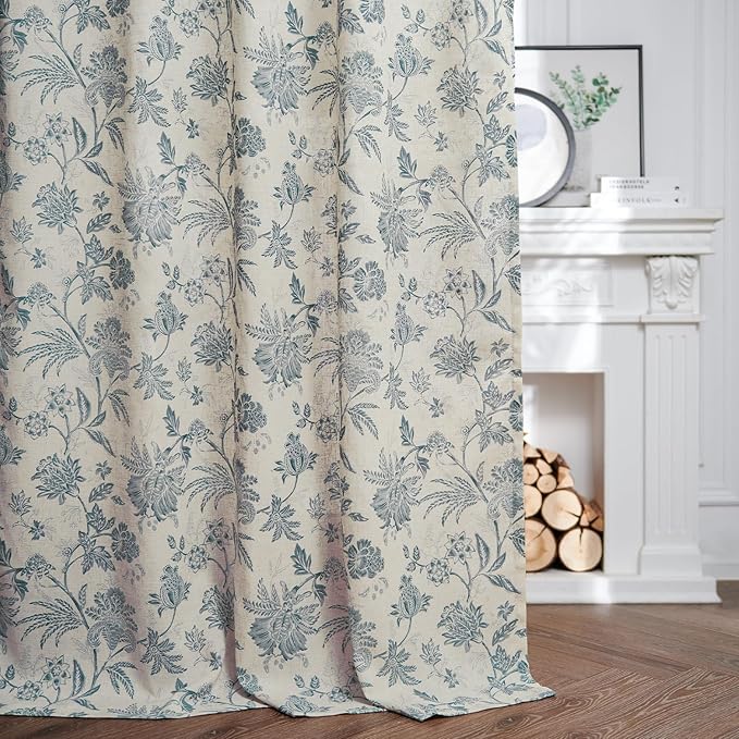 jinchan Linen Floral Curtains for Living Room with Printed Flower 96 Inches Long Light Filtering French Country Back Tab Rod Pocket Blue Window Curtain Set Farmhouse Drapes 2 Panels Blue