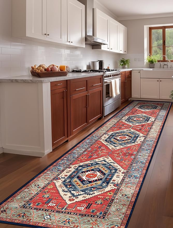 SERISSA Runner Rug for Hallways, 2'6"x12' Washable Non Slip Kitchen Runner Rug, Extra Long Boho Rug Ultra Soft Vintage Rust Print Floor Carpet for Bedroom Hallway Entryway Bathroom Laundry Room
